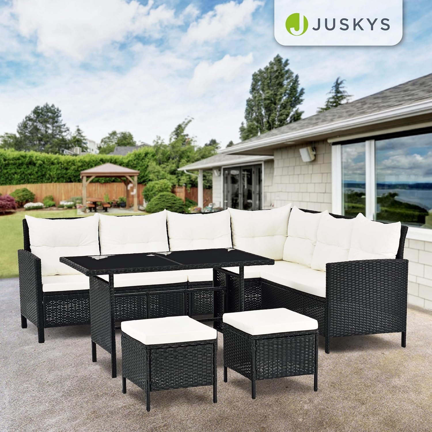 Salon de jardin Juskys Manacor en polyrotin – Ensemble lounge 7 places