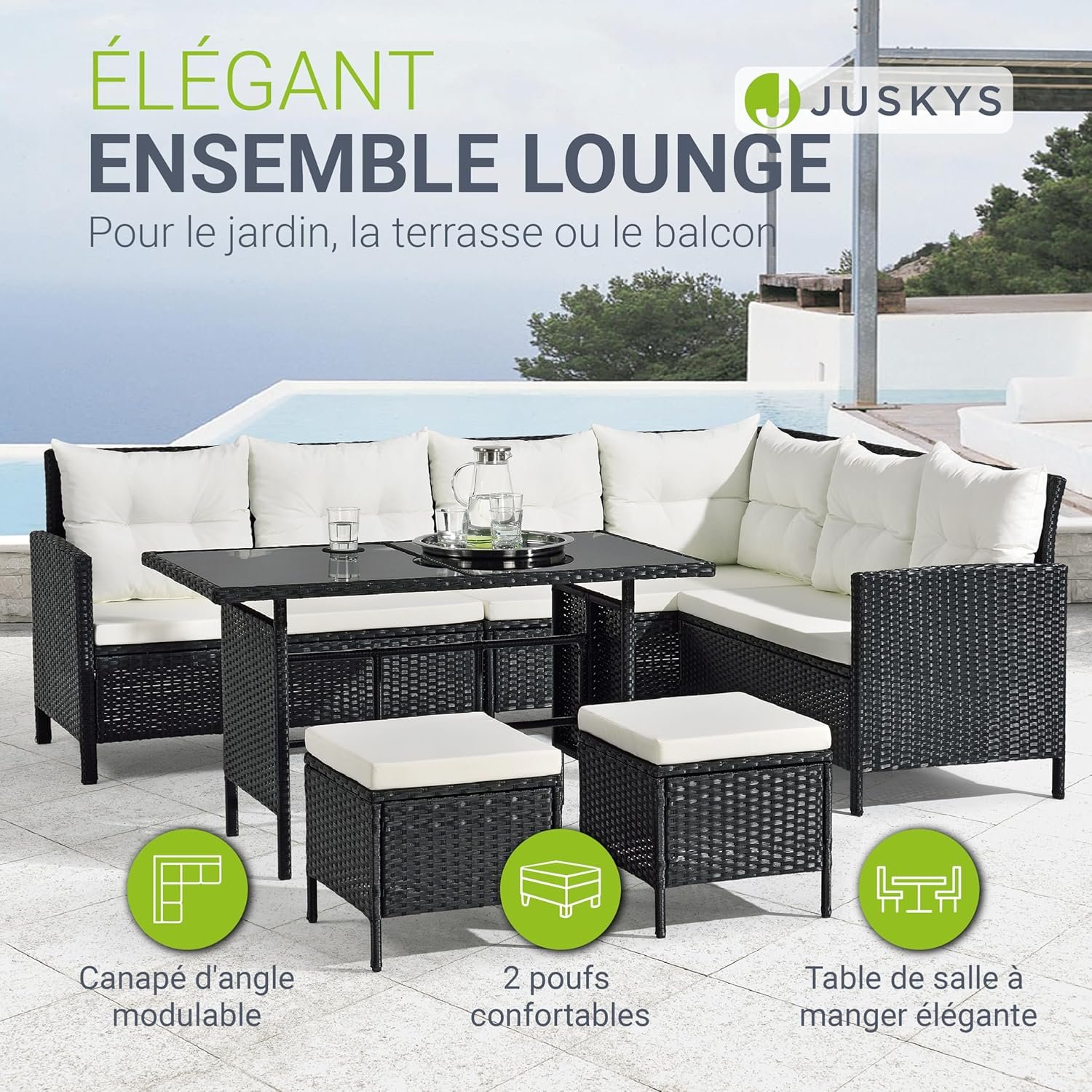 Salon de jardin Juskys Manacor en polyrotin – Ensemble lounge 7 places – Image 2