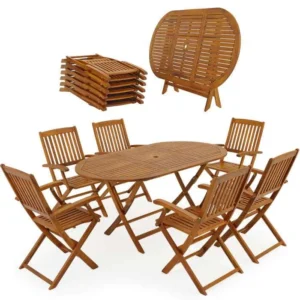 Salon de jardin CASARIA Boston – Table et 6 chaises pliantes en bois d’acacia