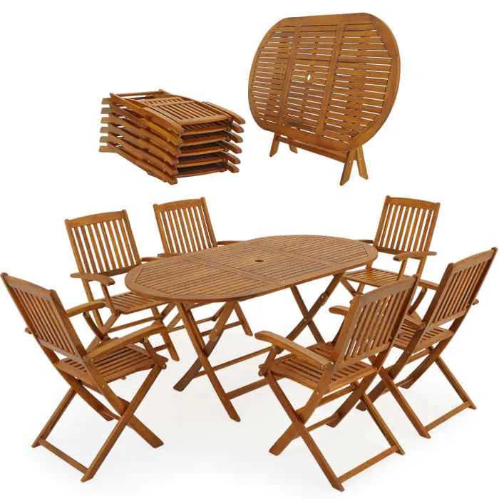 Salon de jardin CASARIA Boston – Table et 6 chaises pliantes en bois d’acacia