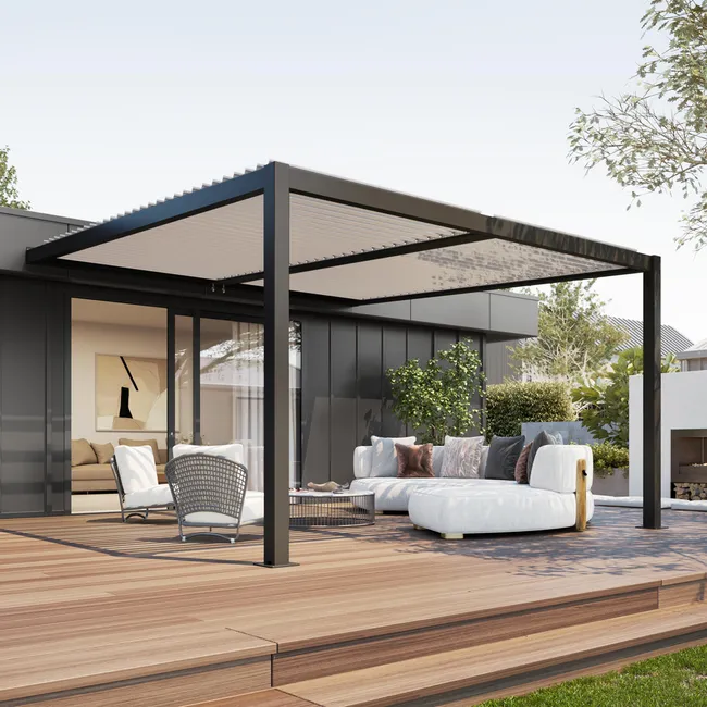 Pergola bioclimatique adossée 4 x 3 m à lames orientables en aluminium - Gris anthracite