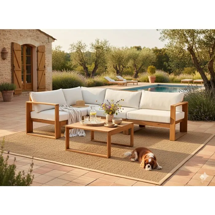 Salon de jardin d’angle modulable LEVATA Classique – Bois d’acacia avec coussins – Image 3