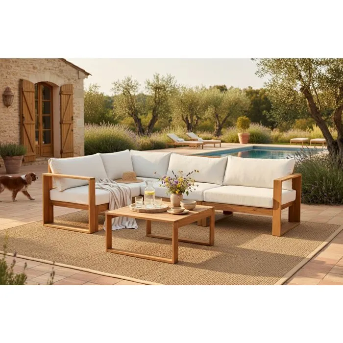 Salon de jardin d’angle modulable LEVATA Classique – Bois d’acacia avec coussins